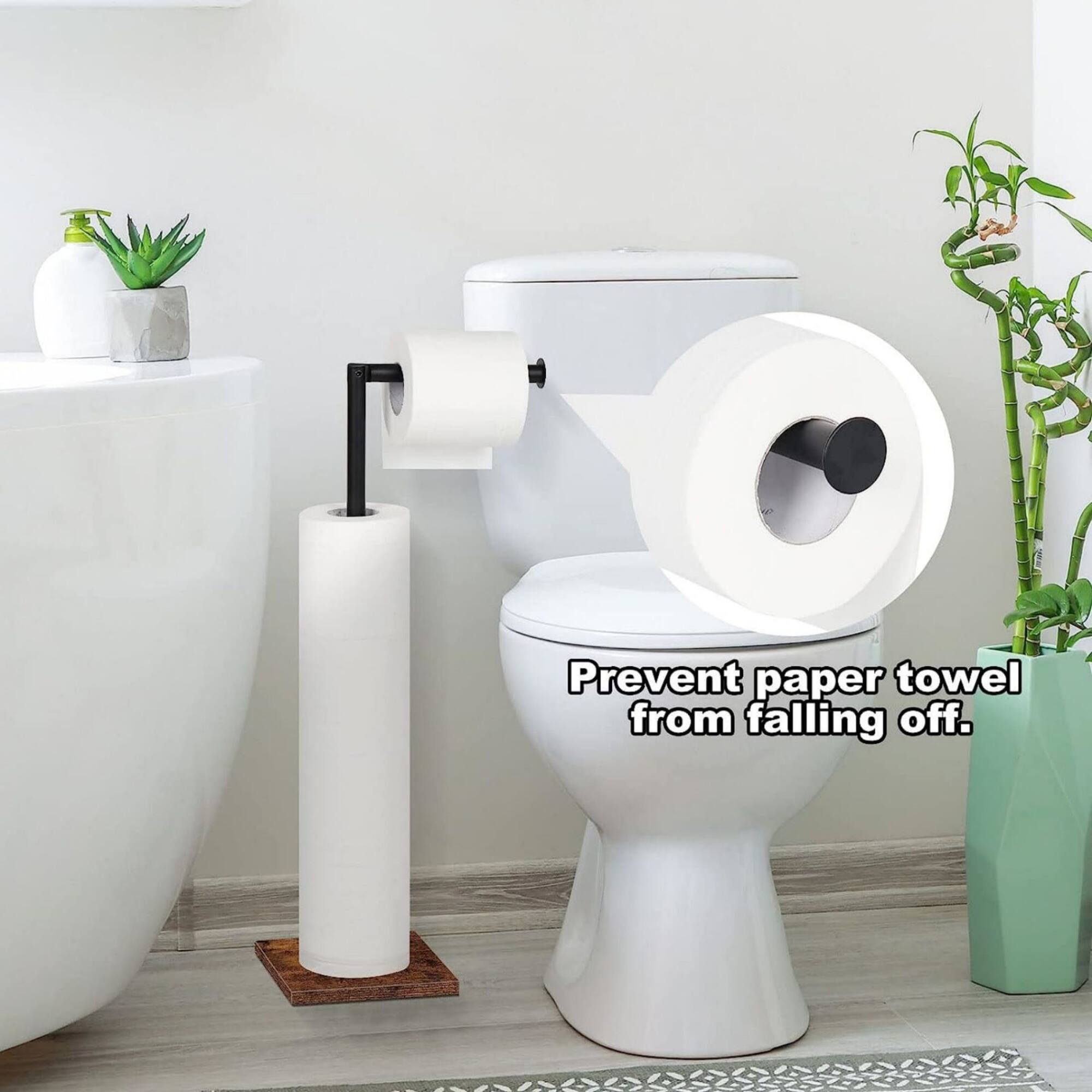 NEX™ 21" Black Freestanding Metal Toilet Paper Holder with Square Woodgrain Base